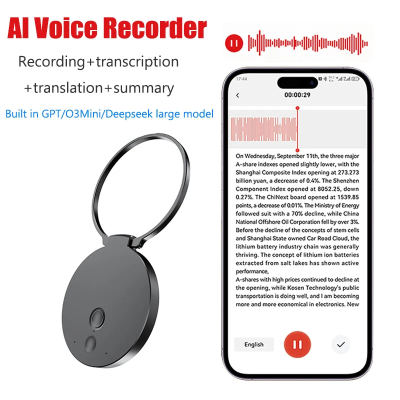 AI ChatGPT Voice Recorder 8-128GB Mini Keychain Magnetic Dictaphone 256GB Intelligent Summarization Real-Time Recording Device