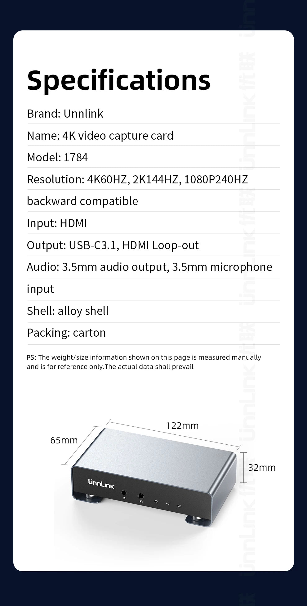 Unnlink 4K 60Hz 2K 144Hz Video Capture Card HDMI USB Recording Box Streaming Gaming / HDR Passthrough for PS5/4 Xbox Camera PC