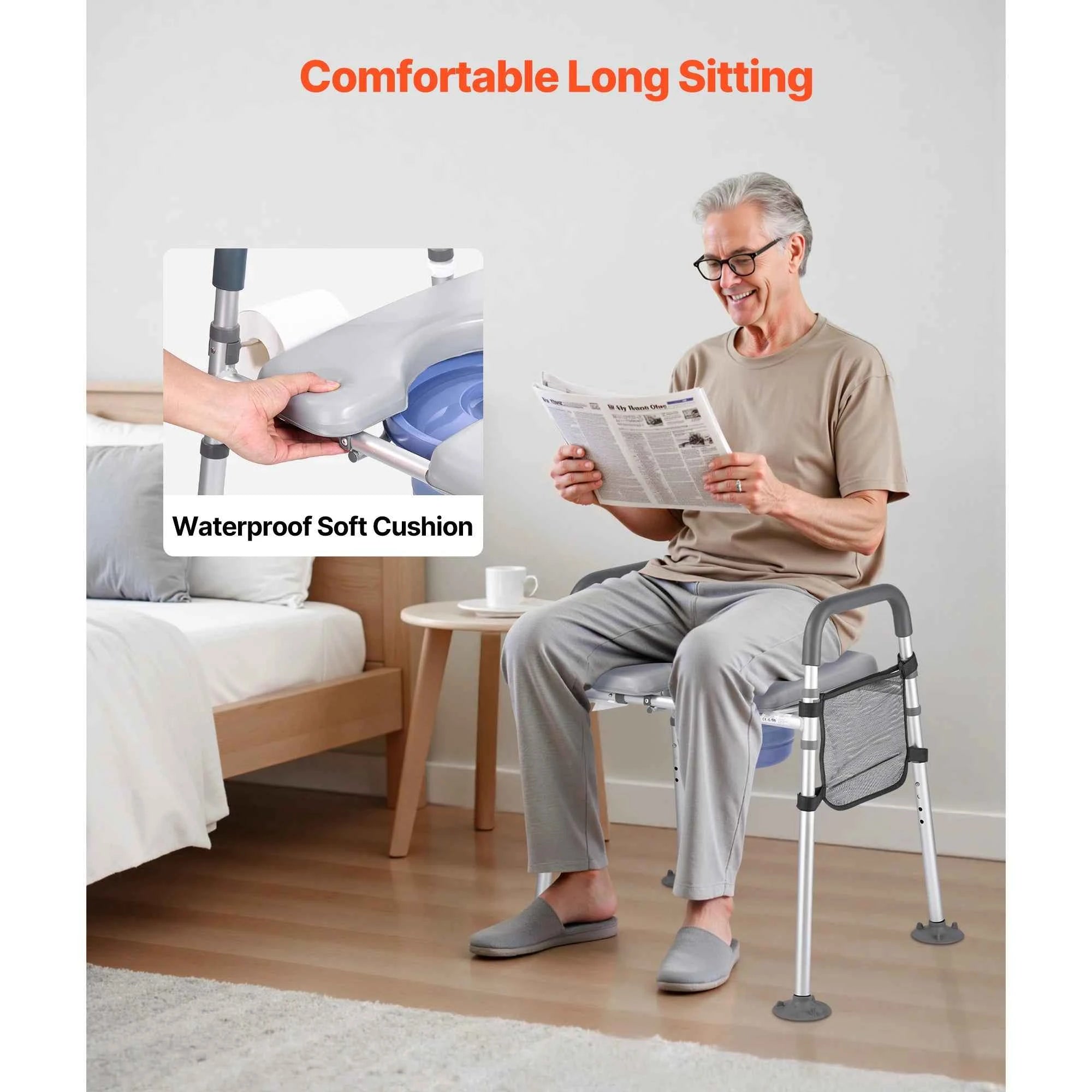 VEVOR Bedside Commode Chair 500lbs 4-in-1 Toilet and Raised Toilet Seat with Padded Seat Armrest Detachable 5L Bucket for Senior