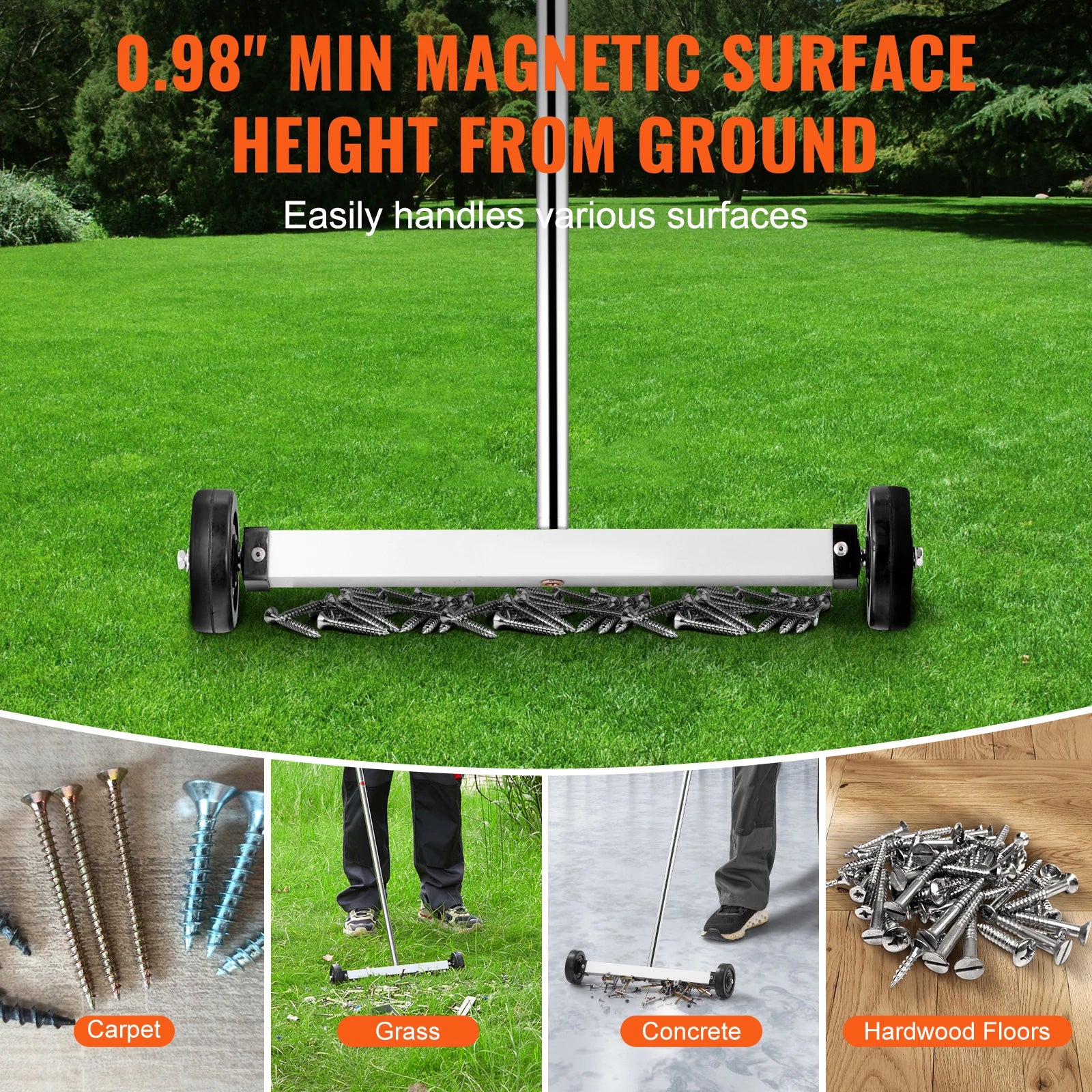 15" Rolling Magnetic Sweeper with Wheels for Nails & Metal Debris