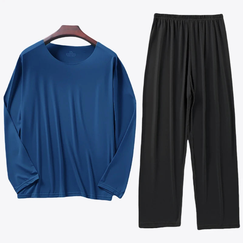 Men's Ice Silk Pyjama Set with Long Sleeve Top and Elastic Waist