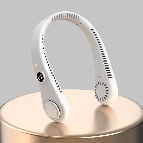 Ventoinha elétrica recarregável com ecrã digital para pendurar ao pescoço, design sem pás, ventoinha de pescoço sem pás, recarregável por USB