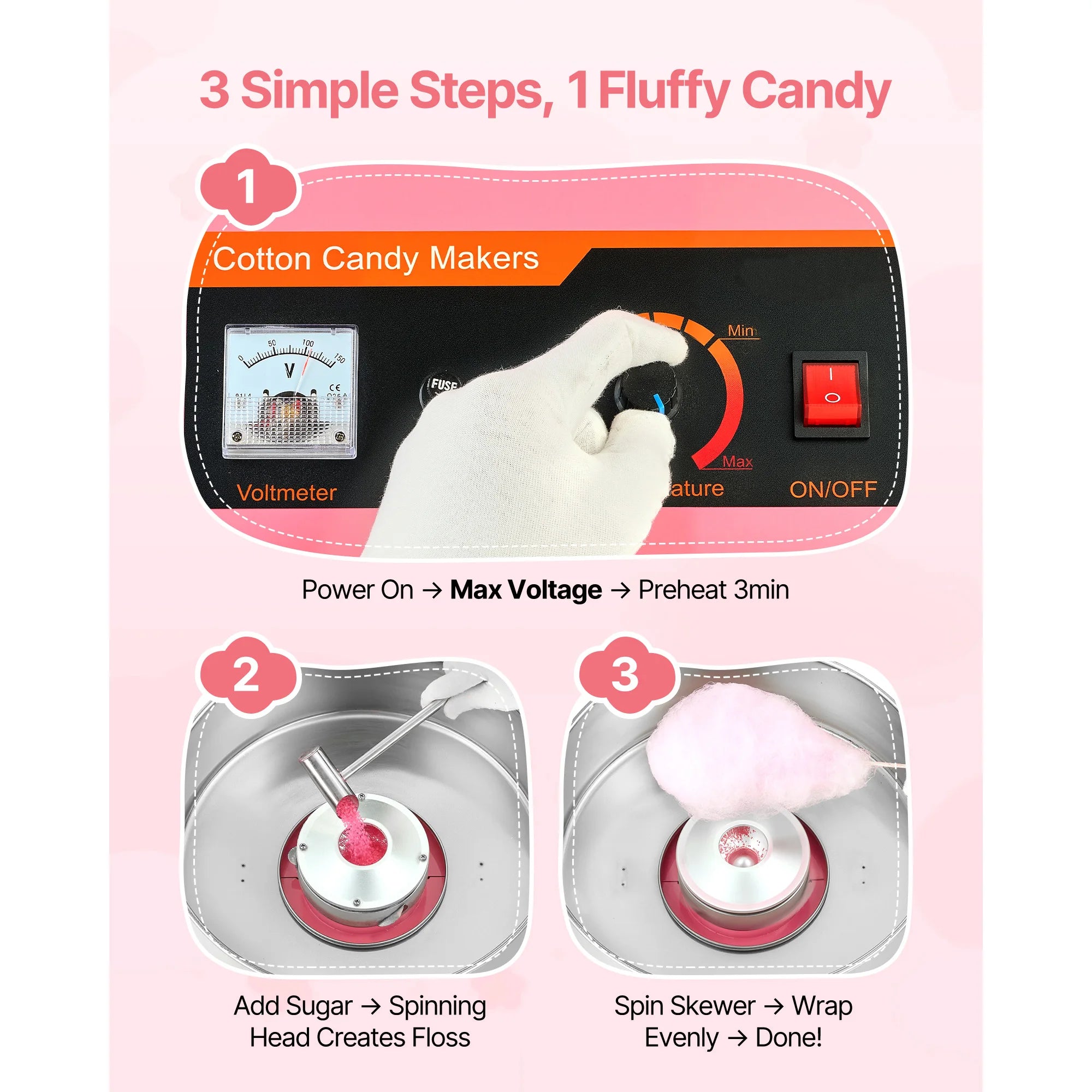 Commercial Cotton Candy Machine, 1000W Electric Candy Floss Maker with 15 Inch Stainless Steel Bowl