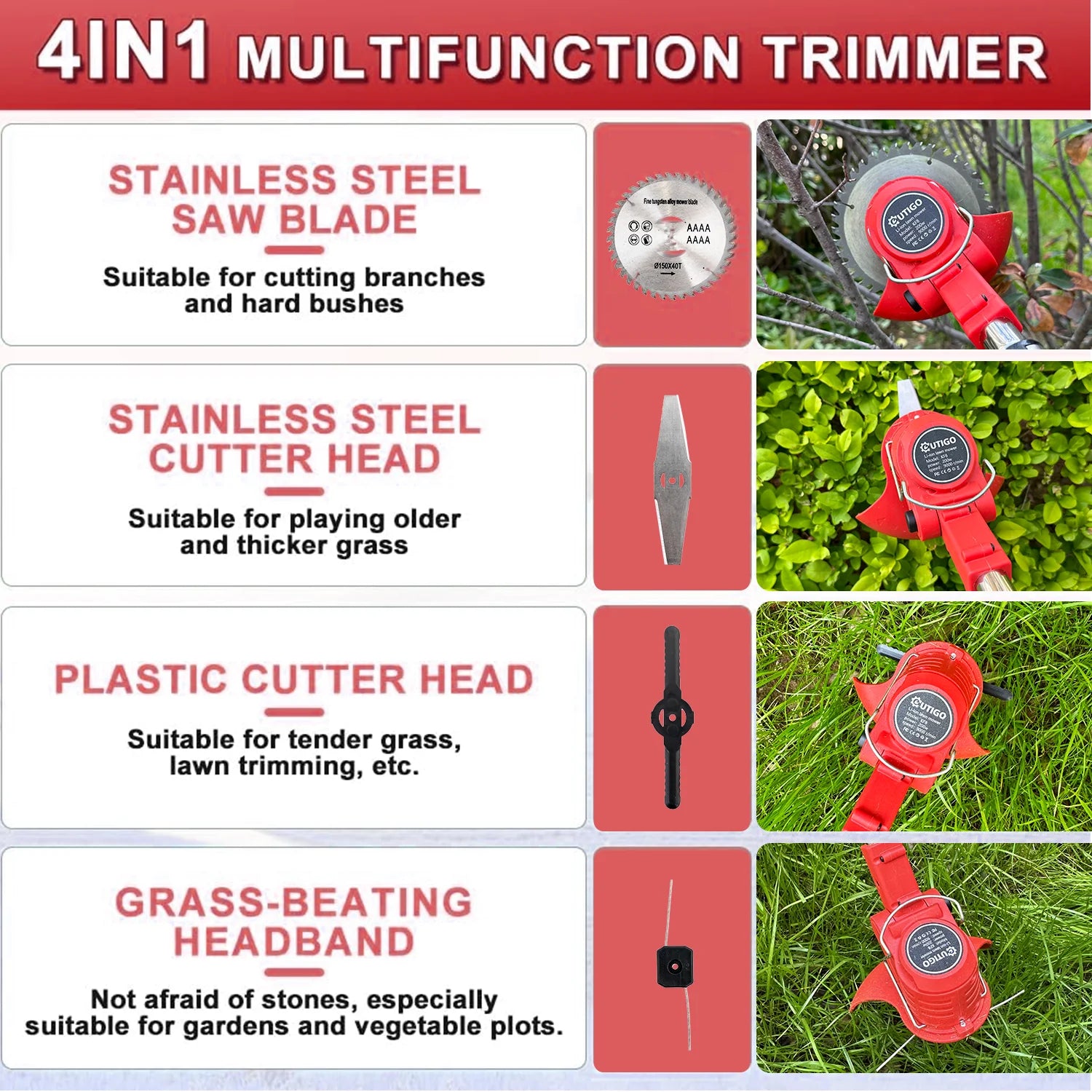Bezdrôtový elektrický krovinorez s nastaviteľnou hlavou a 4 typmi čepeľí