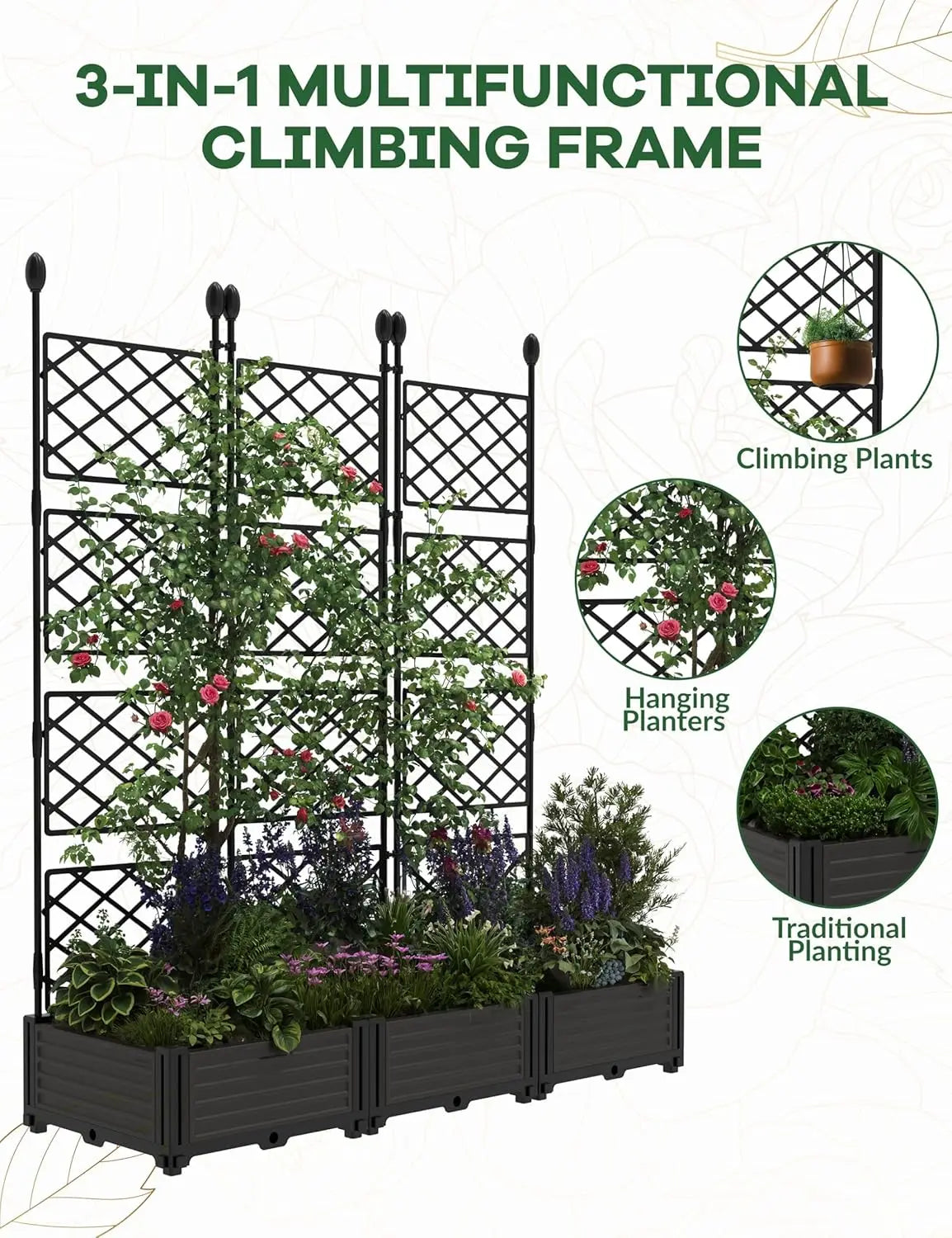 3-Piece Raised Planter Box with Trellis for Climbing Plants