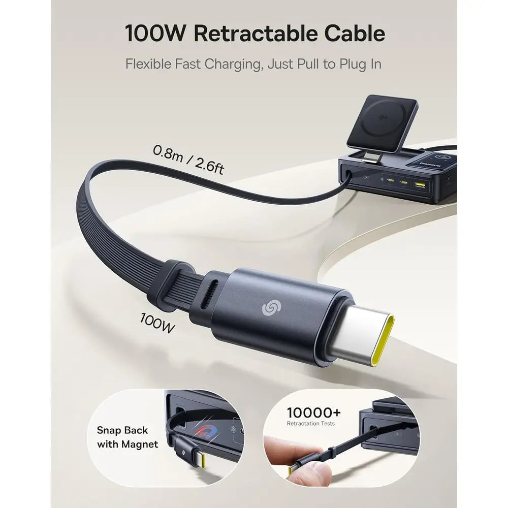 5v1 nabíjecí stanice 140W s Qi2 magnetickým bezdrátovým nabíjením a zatahovacím kabelem