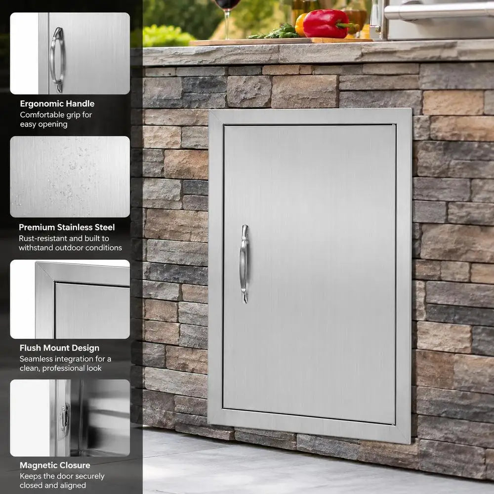 Porta de Acesso a Grill, 457 x 610 x 45 mm, Porta Externa Individual, Porta em Aço Inoxidável embutida, Porta Vertical com Pega, para Ilha de Grelha/Estação de Grelha Armário Externo
