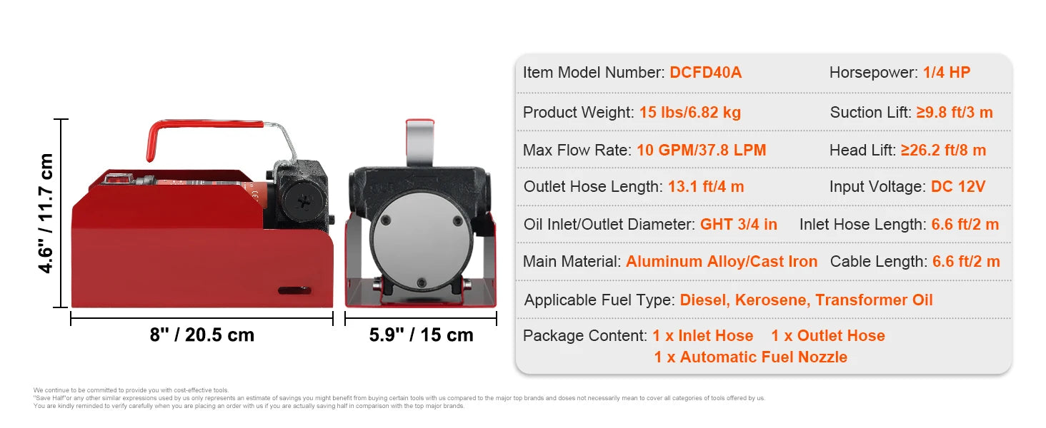 SucceBuy Σετ Αντλίας Μεταφοράς Πετρελαίου Diesel 10GPM 12V DC, Φορητή Ηλεκτρική Αυτοαναρροφητική Αντλία Μεταφοράς Καυσίμου για Επαναγέμιση