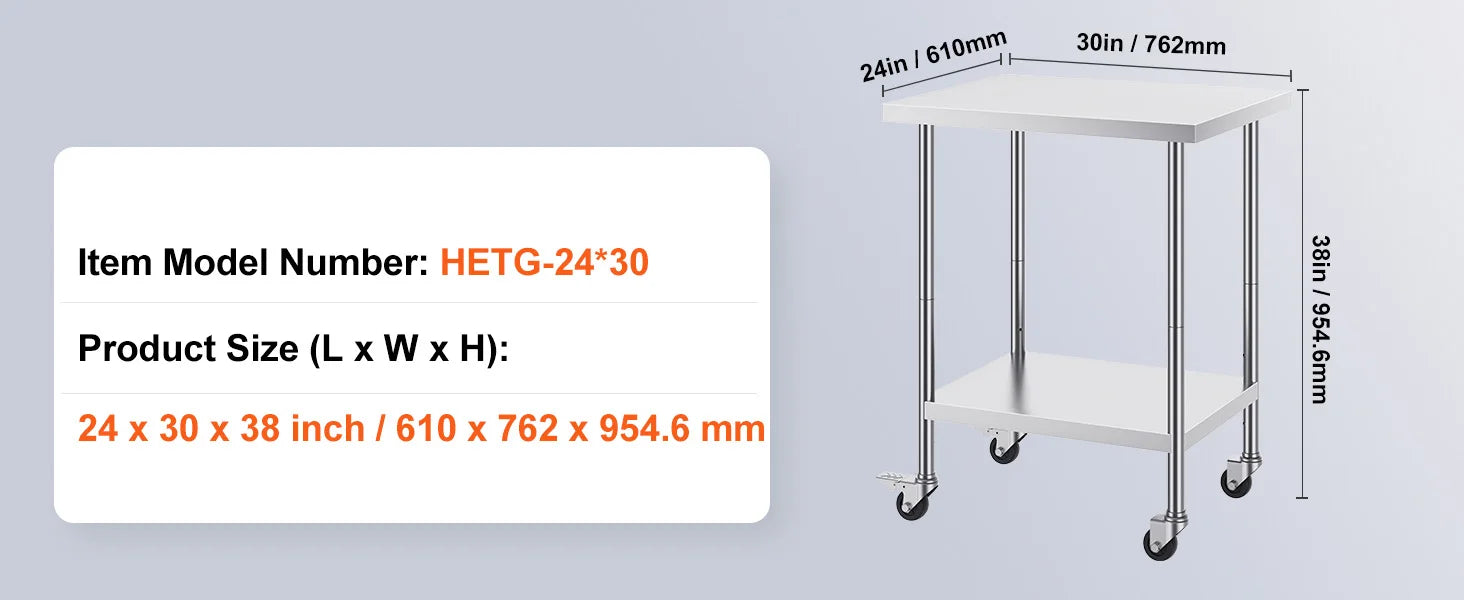 Stainless Steel Work Table with Wheels, Adjustable Shelf, 500 lb Capacity