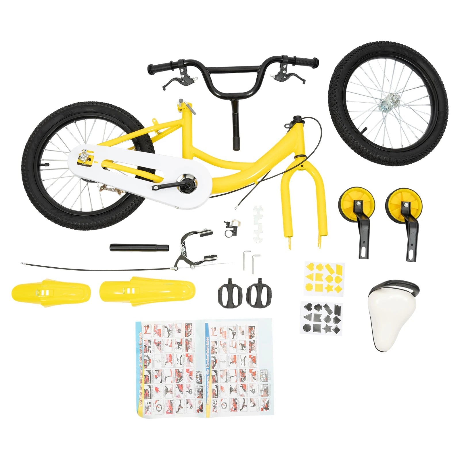 16 Inch Kids Bike Adjustable Height Dual Brakes Children's Bicycle Load 50kg w/ Training Wheels for Ages 5-8 (Pink/Green/Yellow)