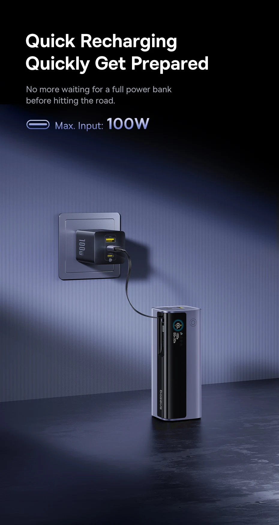 145W Fast Charging Power Bank 20000mAh with Retractable USB-C Cable