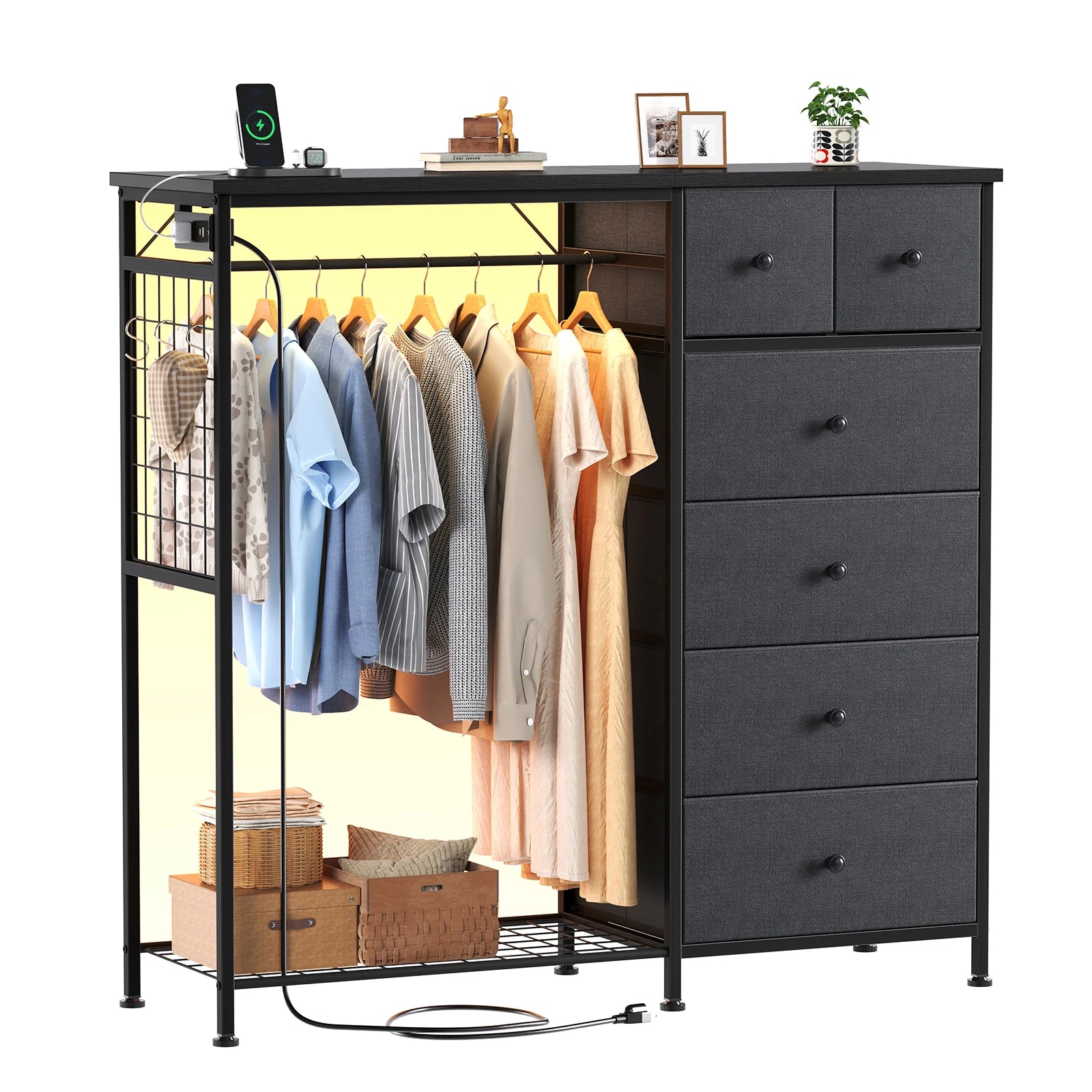 6-Drawer Fabric Dresser with Hanging Rack, LED Lights & Charging Station