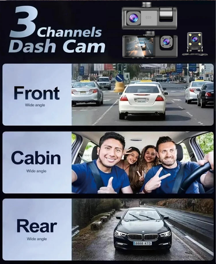 3-Channel Dash Camera with 1080P Front, Inside, Rear View