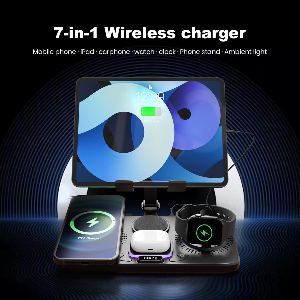 7-in-1 Wireless Charger Stand Pad, 15W Fast Charging