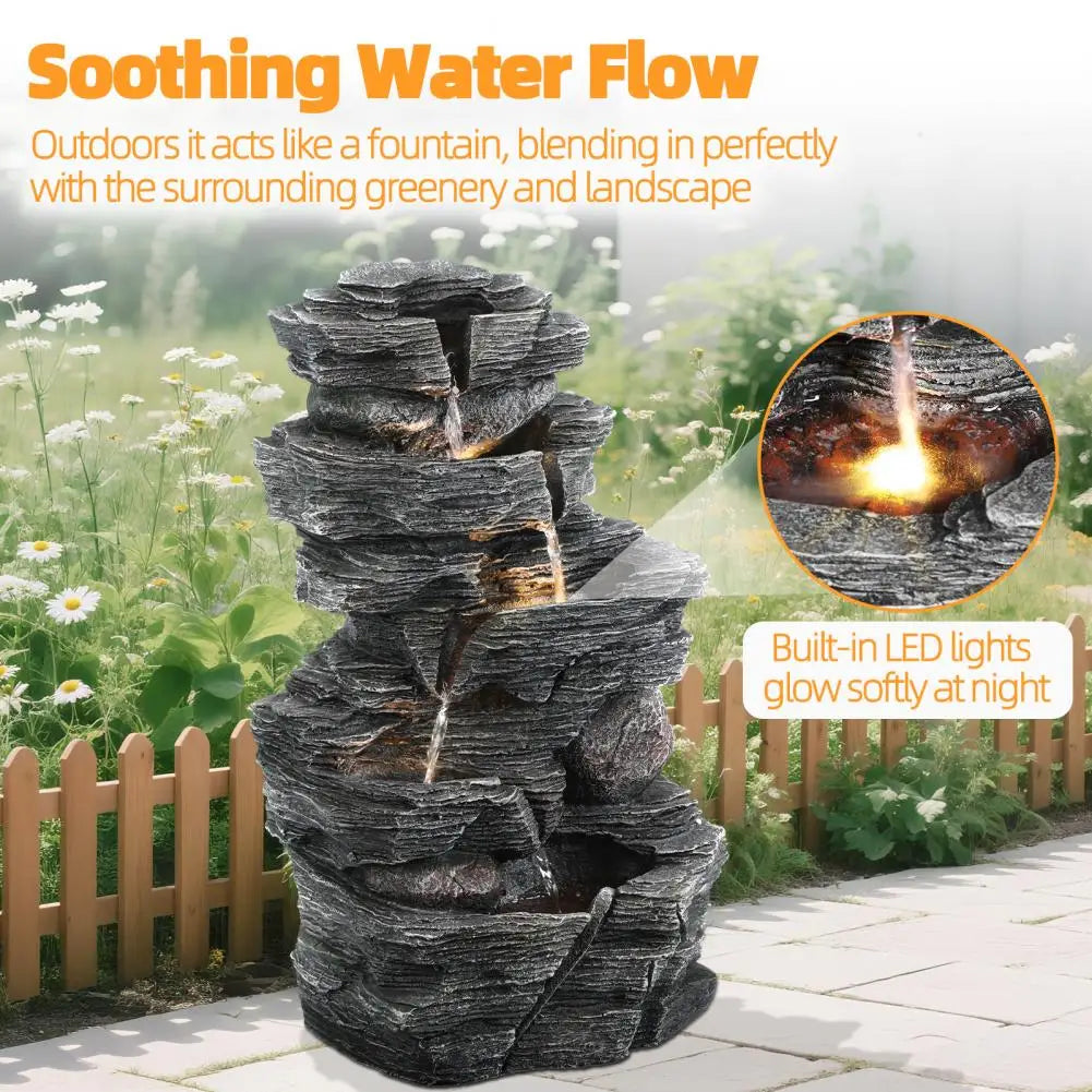 Cascading Rock Water Fountain with Warm LED Light