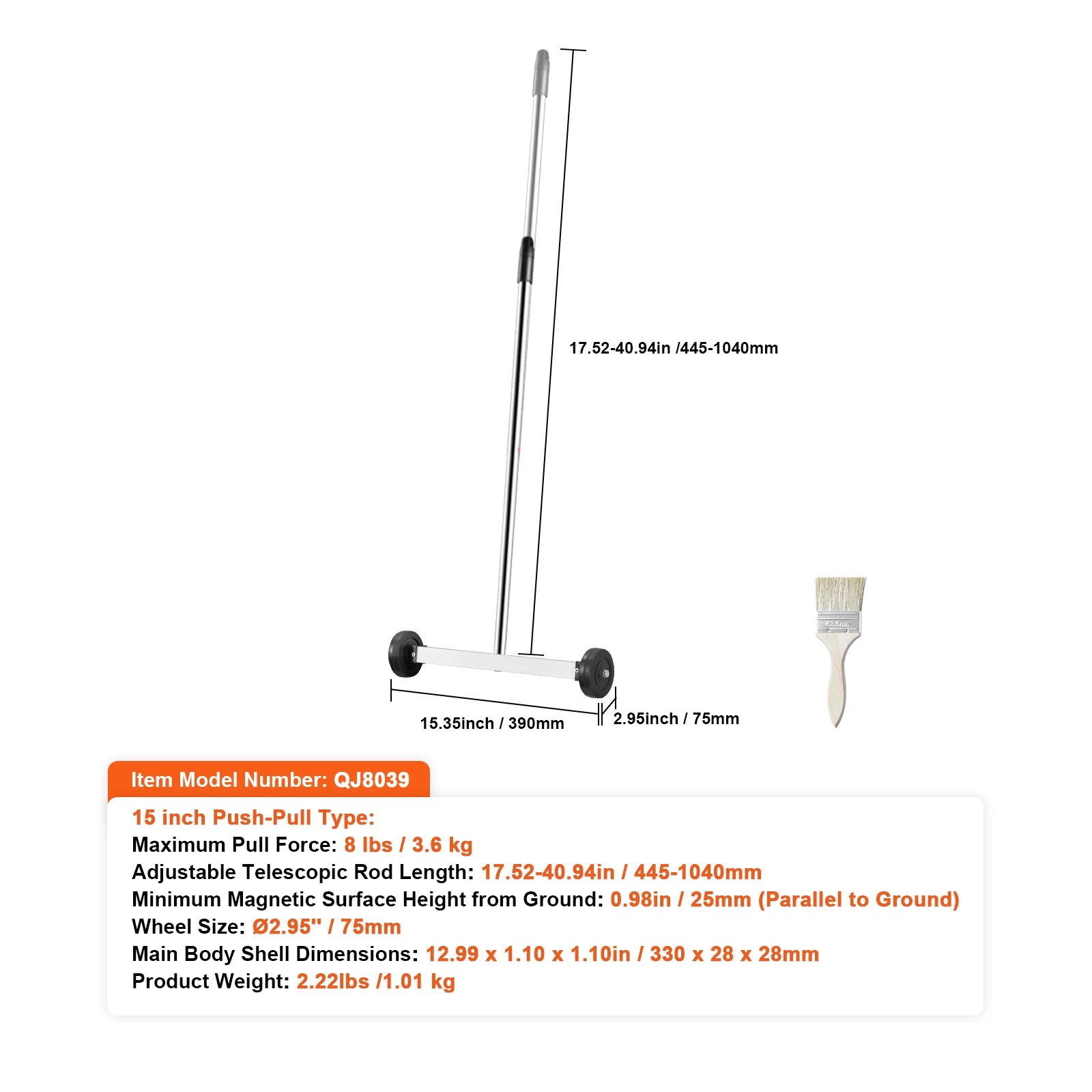 15" Rolling Magnetic Sweeper with Wheels for Nails & Metal Debris