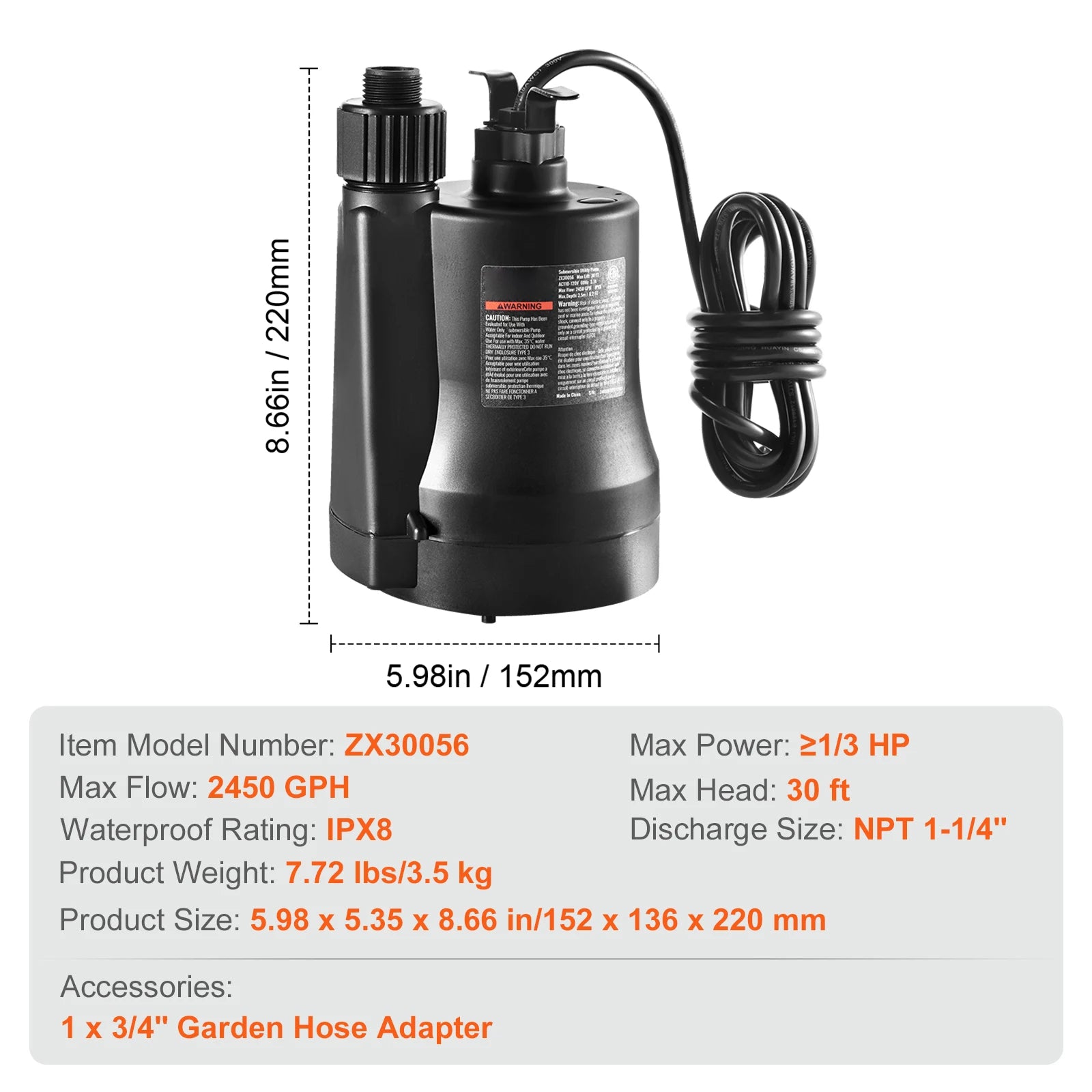 Pompe utilitaire Succ eBuy 1/3 HP 2450 GPH Débit élevé Tête de 30 pieds Pompe de puisard submersible Pompe à eau Câble d’alimentation de 10 pieds pour l’évacuation d’eau