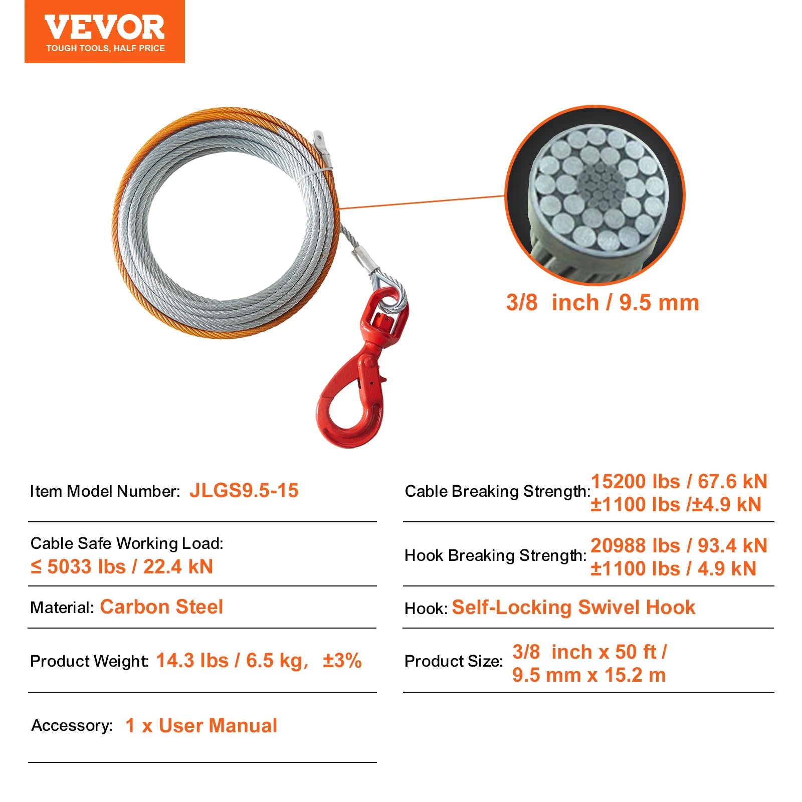 3/8" Steel Winch Cable 50–100 ft, 15,200 lb Strength for Off-Road