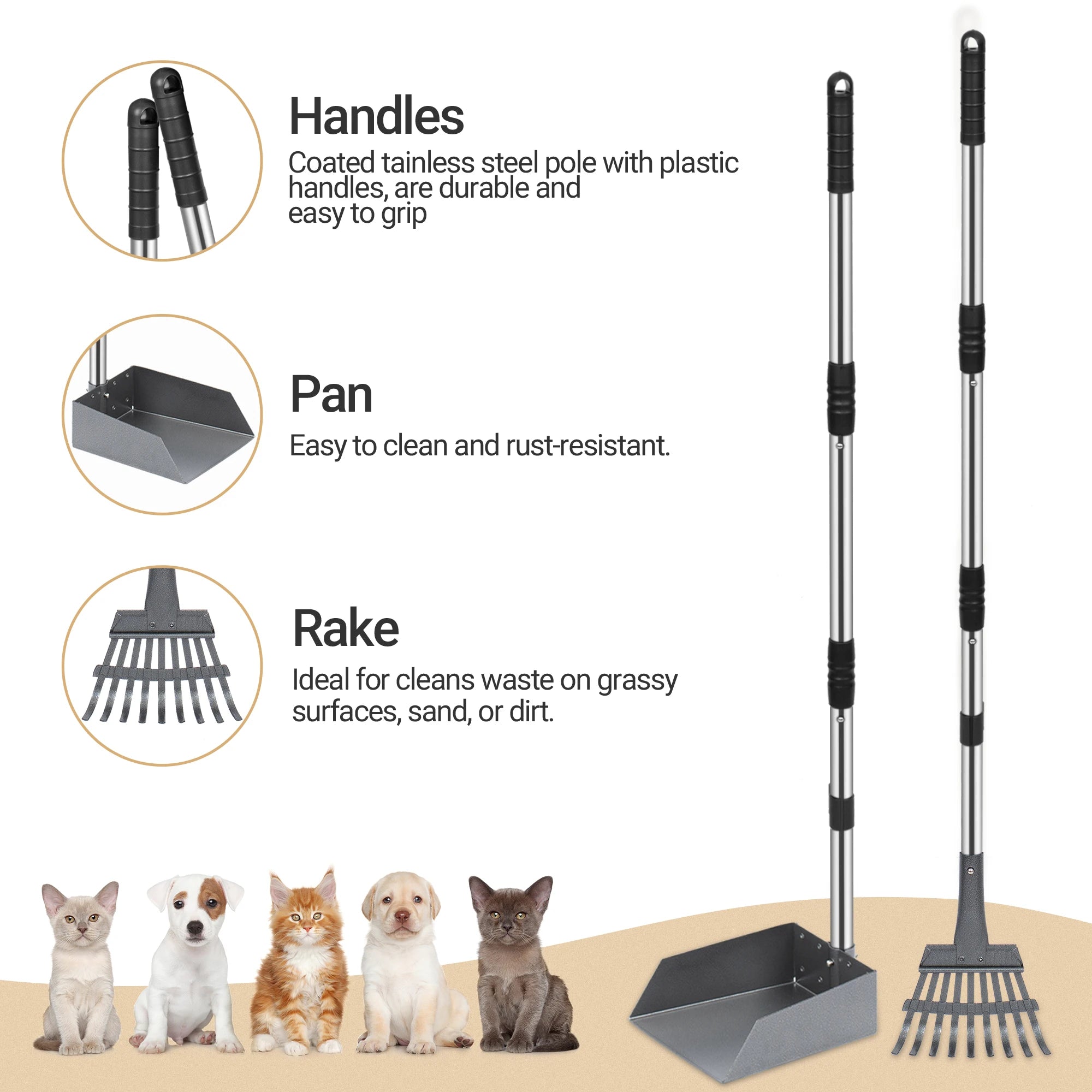 Dog Pooper Scooper Tray & Rake Set with Long Adjustable Handle