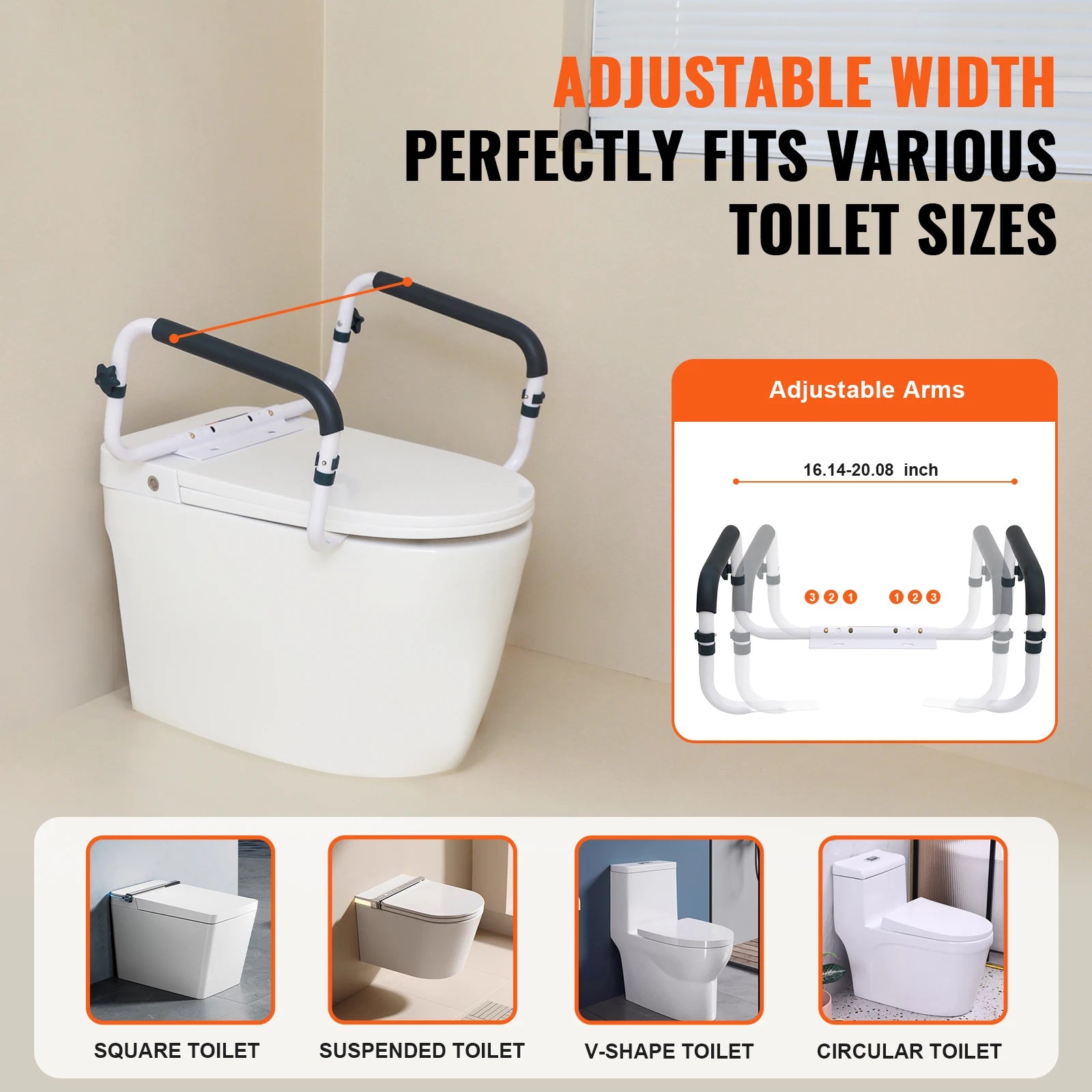Verstellbare Toiletten-Sicherheitsstütze, 300 lb Tragkraft, Stahl-Griffstangen