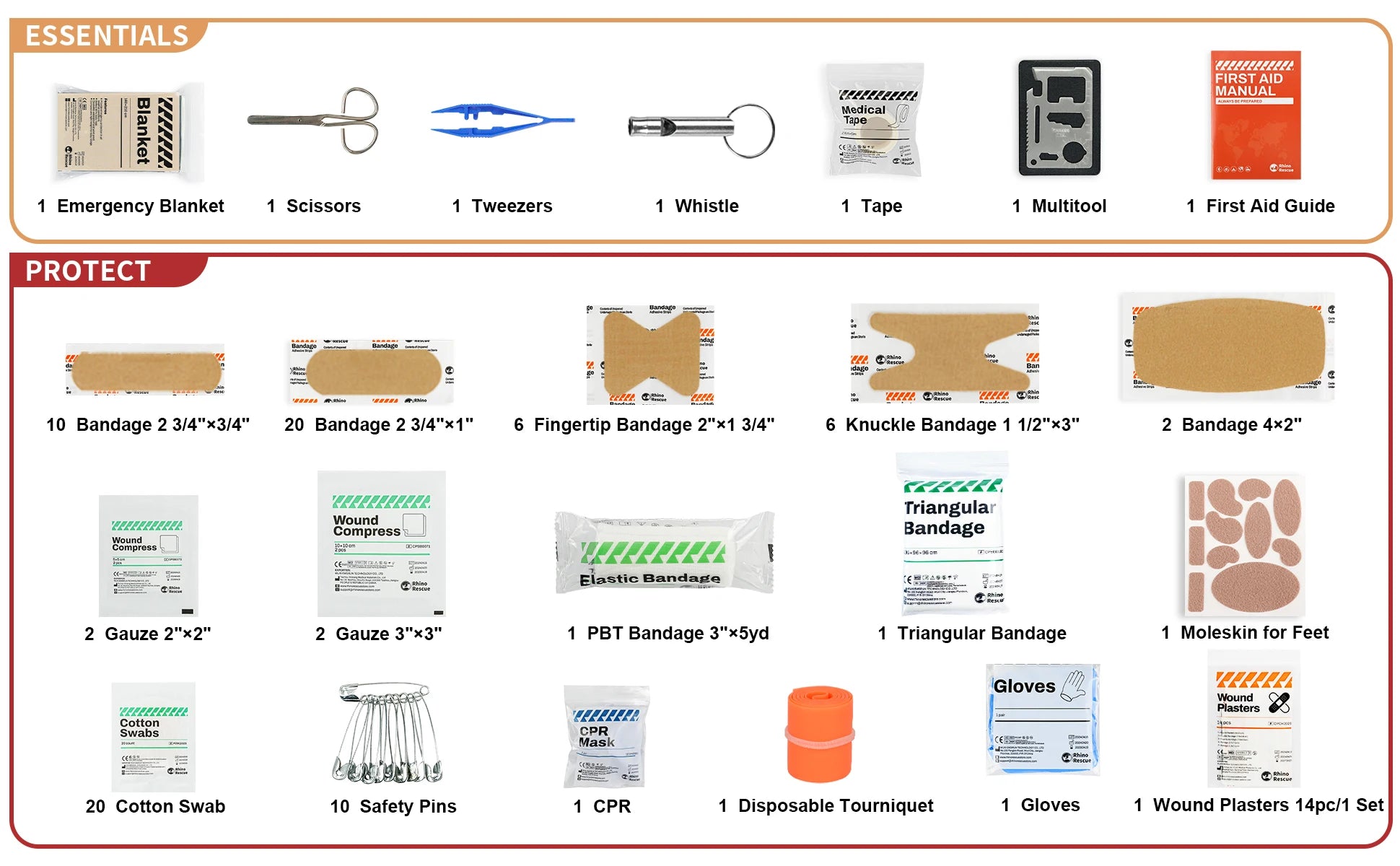 Small First Aid Kit RHINO RESCUE Ultralight Waterproof Medical Kit for Hiking Camping Backpacking Cycling Travel Vehicles 105PC