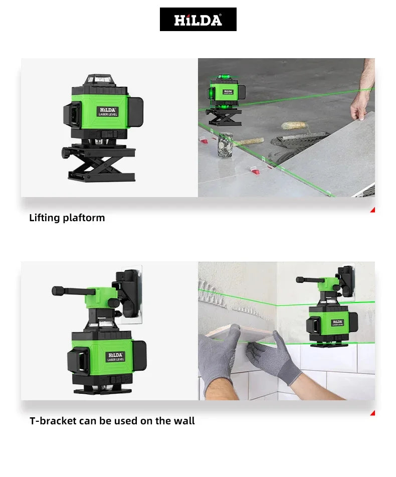 HILDA 4D 16 Lines Green Laser Level Self Leveling 360 Men Gift Horizontal and Vertical Cross Super Strong Green Laser Level
