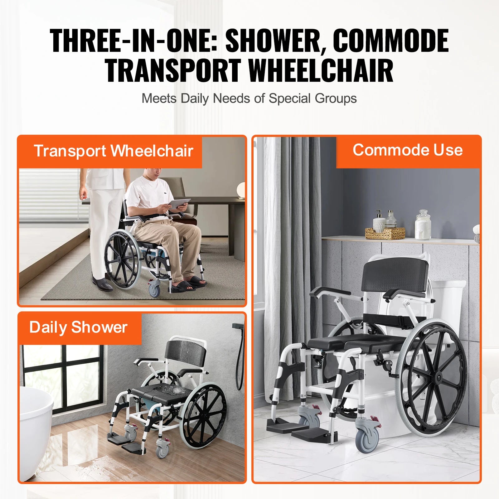 SucceBuy Shower Wheelchair 17.5in Bathroom Wheelchair for Inside Shower Adjustable Rolling Shower Chair for Disabled Adult