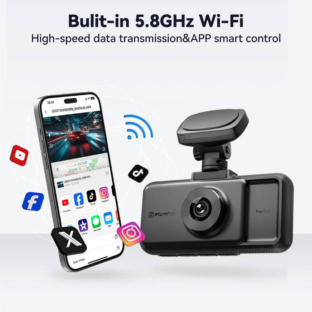REDTIGER A6 4K 3-Channel Dash Cam with GPS and WiFi