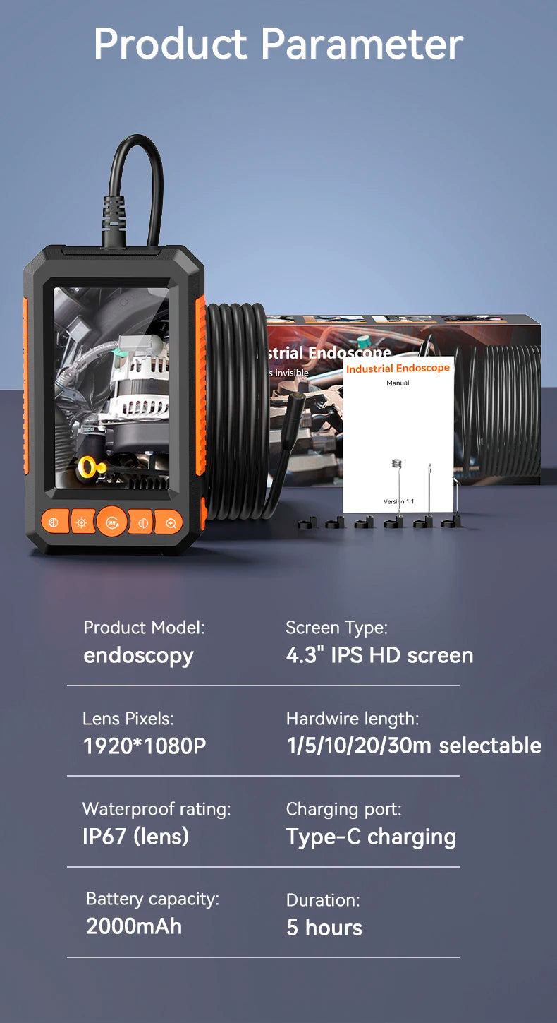 1080P Industrial Endoscope Camera with 4.3" IPS Screen