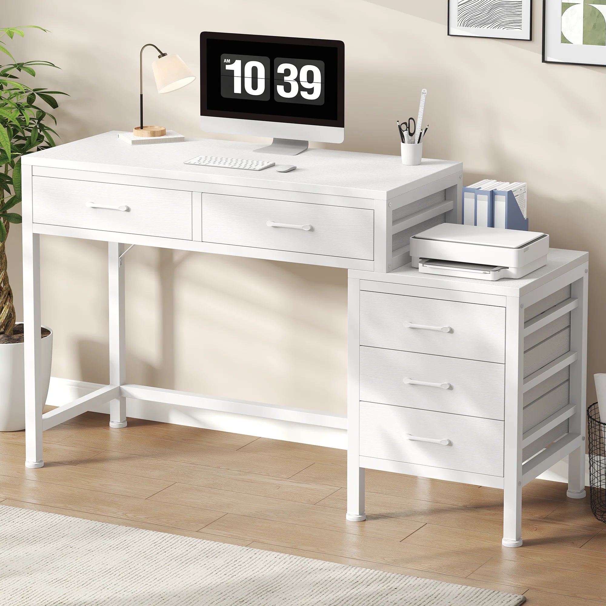 51" Computer Desk with 5 Drawers and Printer Stand Storage