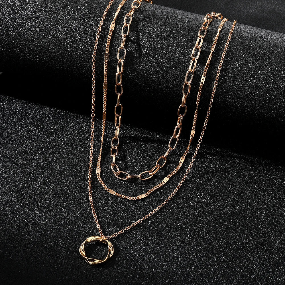 IPARAM Gold Color Multi Layered Chains Necklace for Women Girls Circle Pendant Vintage Necklaces Fashion Jewelry Gifts
