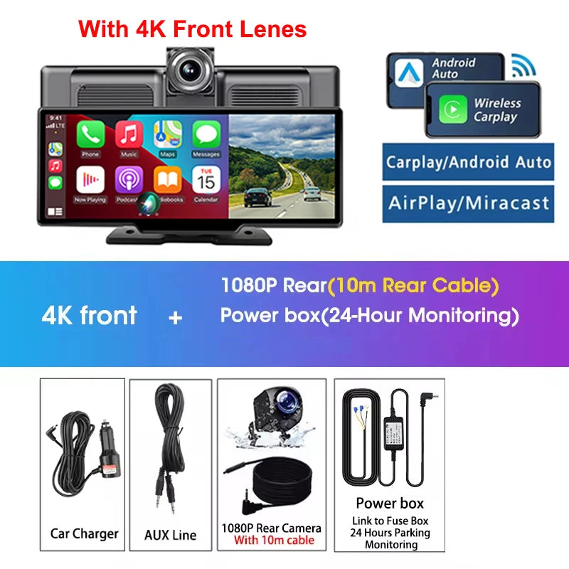 10.26 Inch Dash Cam Rearview Mirror Display with Wireless CarPlay and Android Auto, 4K Front and 1080P Rear Recording
