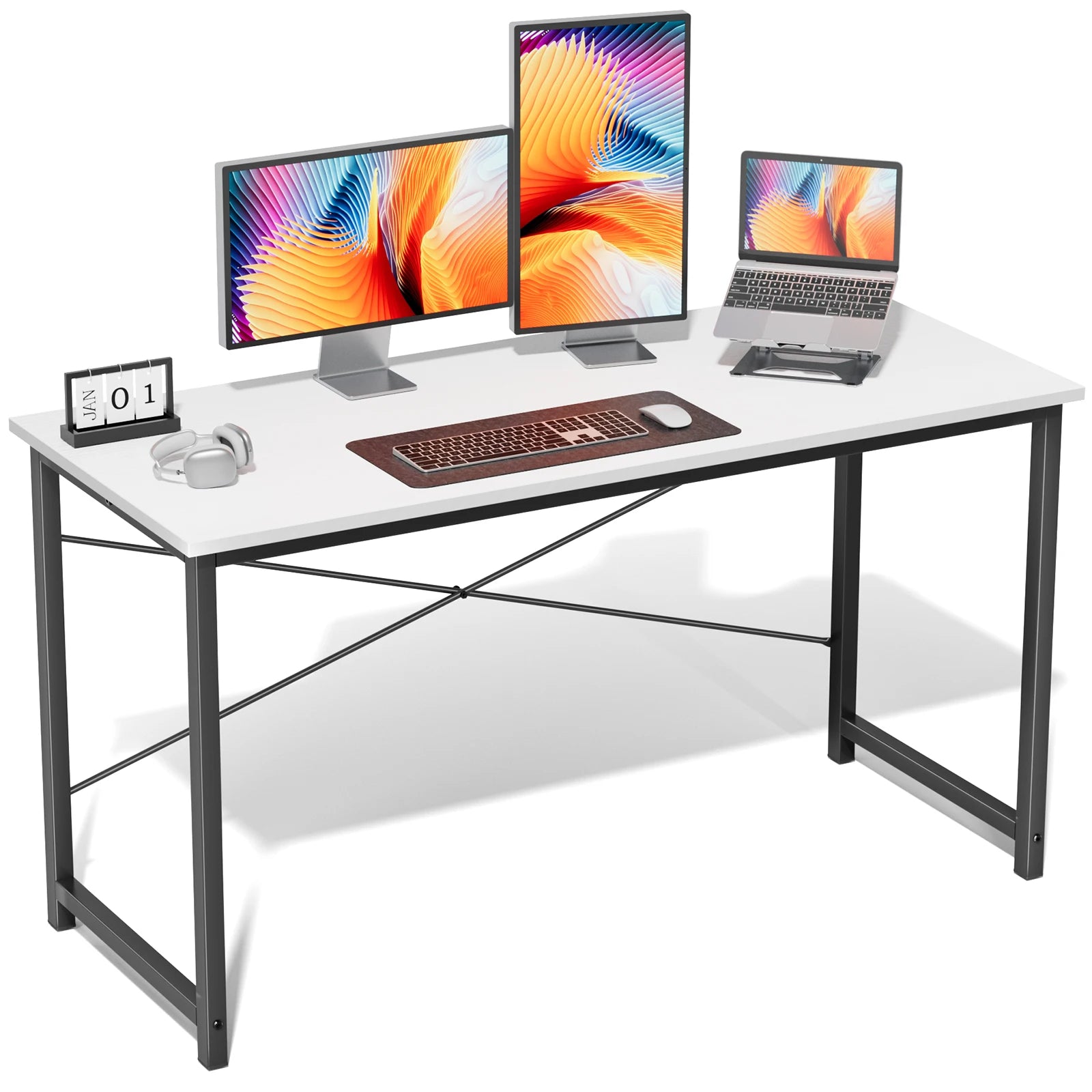 Modern Compact Computer Desk with Metal Frame & Wood Top