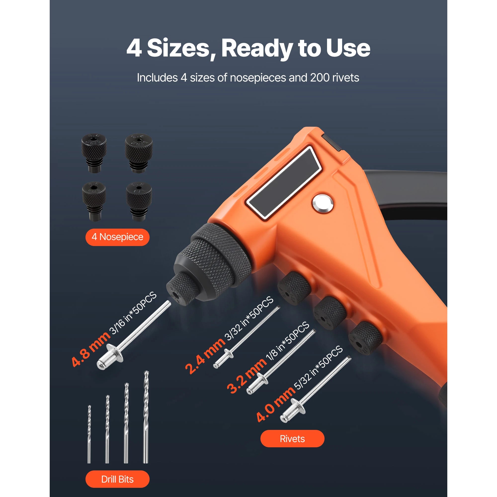 Pop Rivet Gun Kit with 200 Rivets, Interchangeable Heads & Case