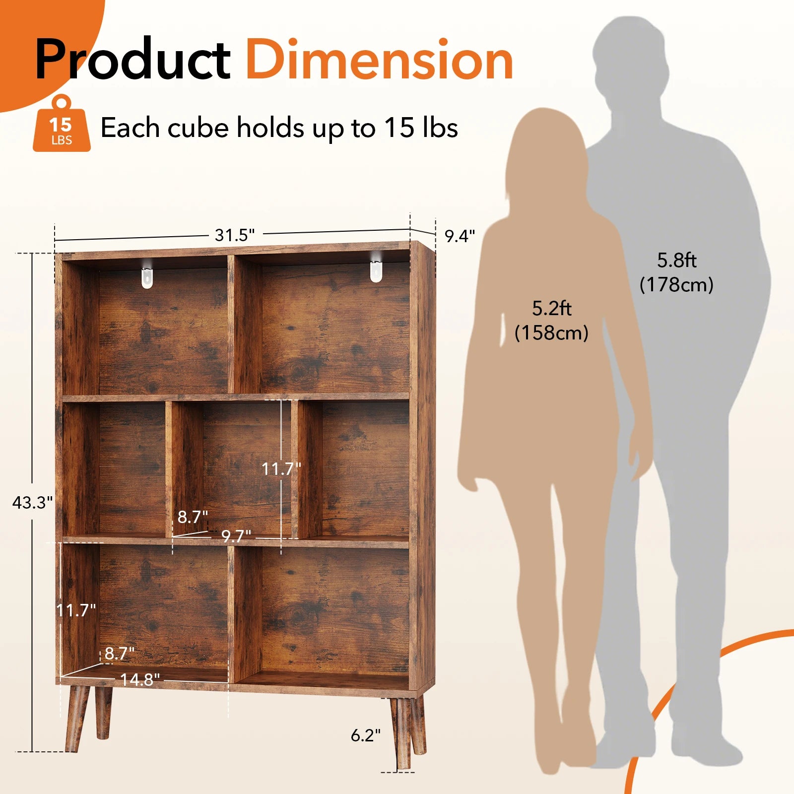 3 Tier Wooden Bookshelf with 7 Cubes and Adjustable Layout