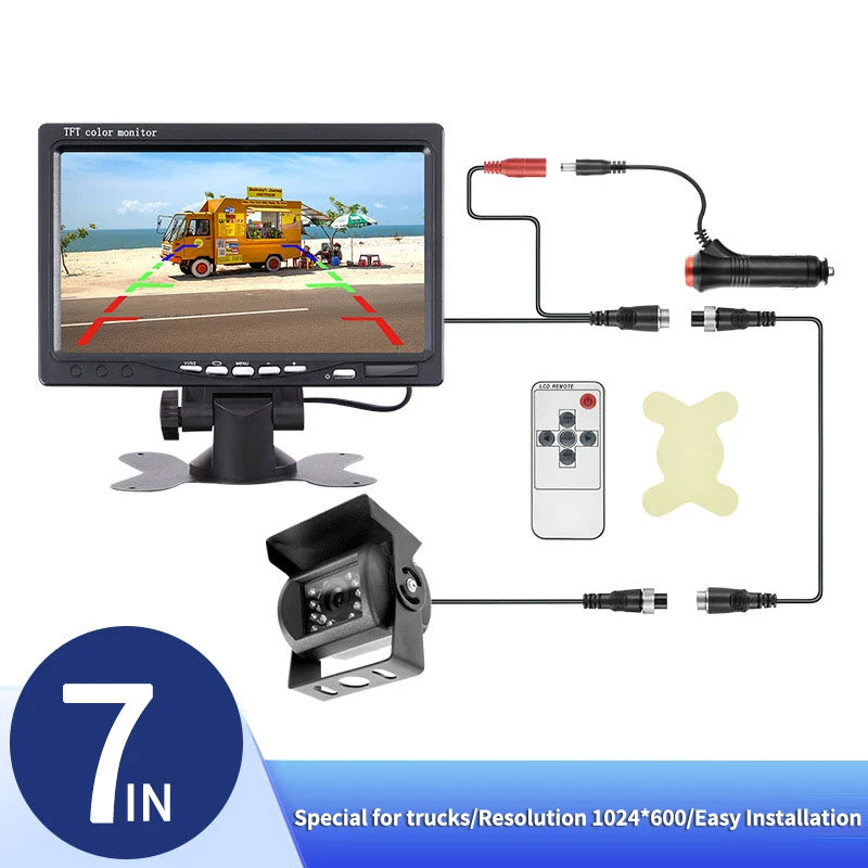 Facile à installer caméra de recul pour véhicule avec écran LCD couleur 7" moniteur de recul 12V/24V allume-cigare pour bus truck pickup lorry