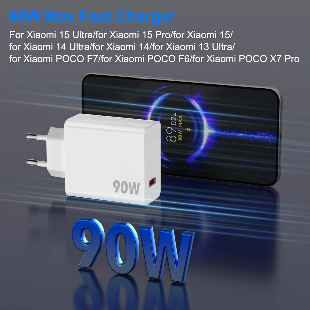 90W EU Wall Charger for Xiaomi, Redmi and POCO with Type-C Cable