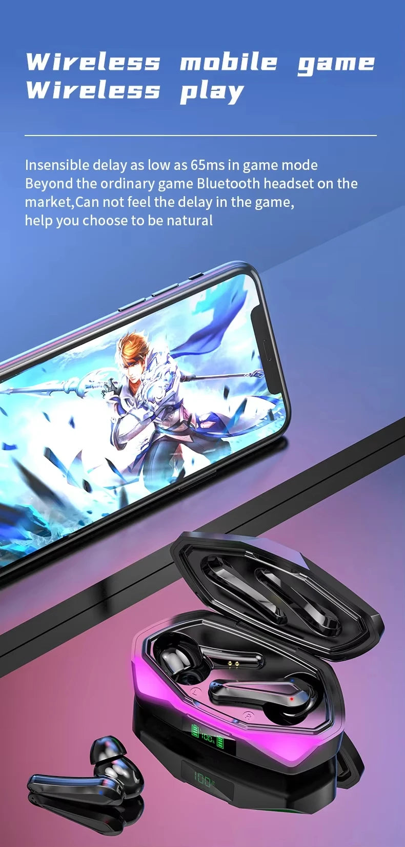Bluetooth TWS Gaming Earphones with Low Latency and Mic
