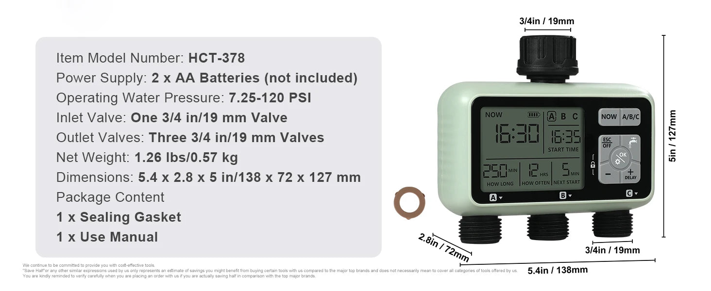 3-Zone Hose Water Timer with LCD, Rain Delay & Manual Mode