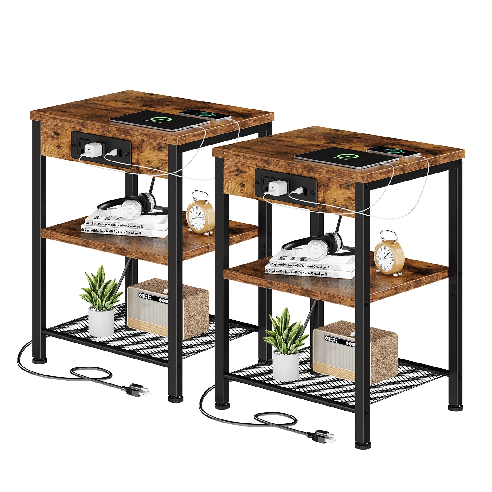 3-Tier Side Table with Charging Station and Adjustable Shelves