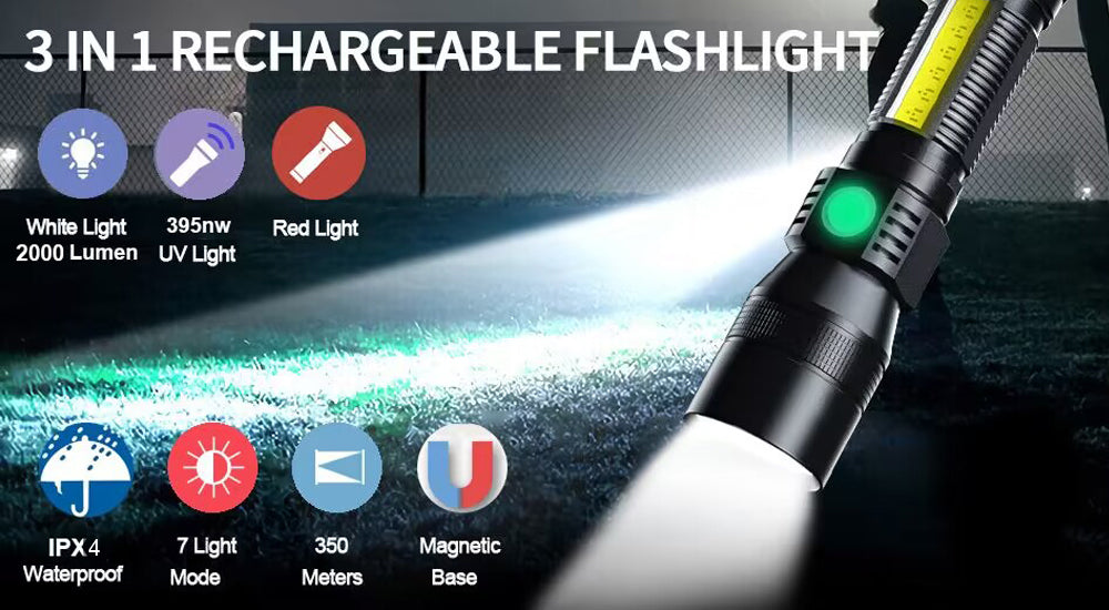 Rechargeable LED and UV Flashlight with COB Light