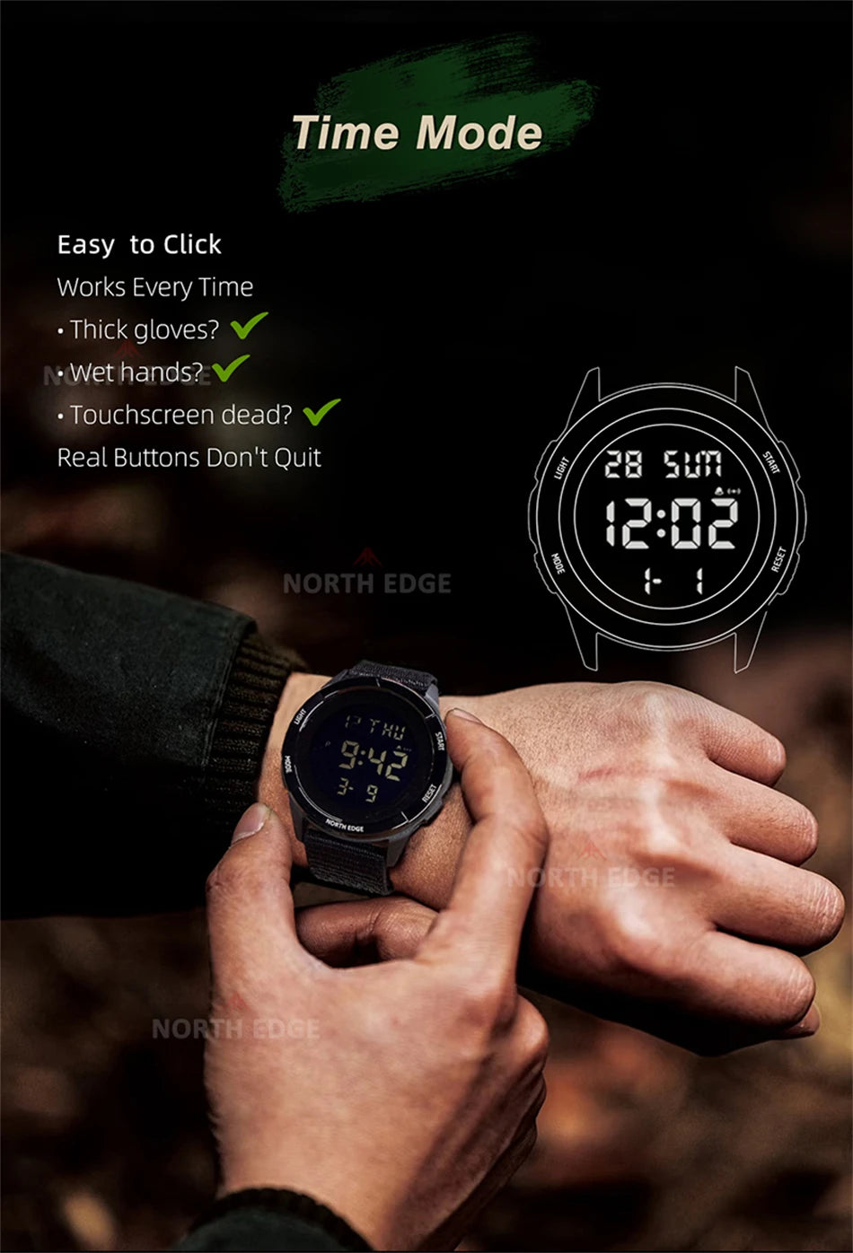 NORTH EDGE 2026 TERRAX Herrenuhr Digitaluhr Outdoor-Sport Schwimmen Wasserdicht 50M Stoppuhr Countdown Elektronische Uhr Für Herren