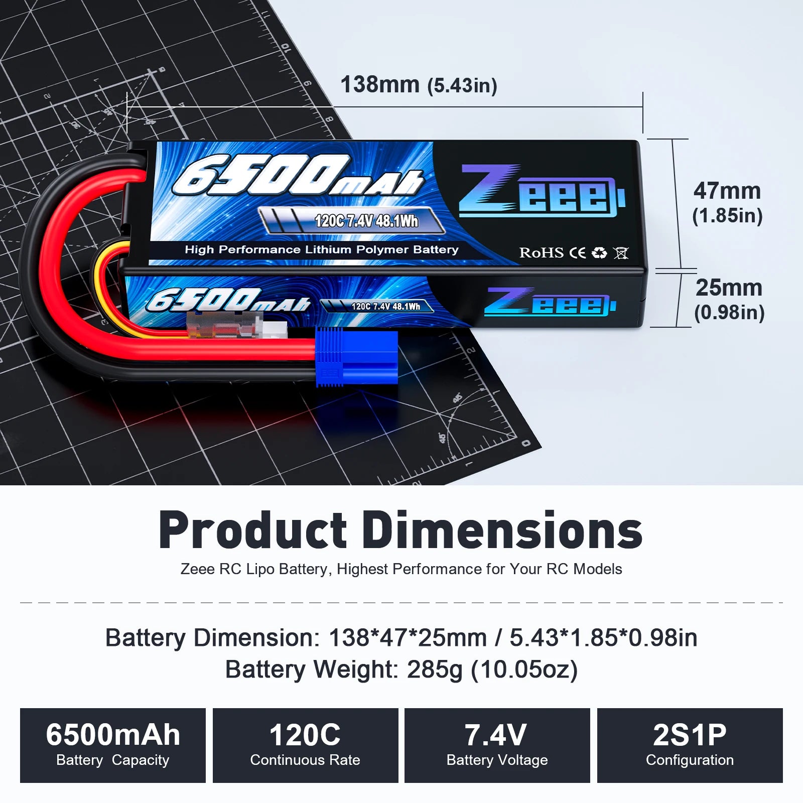 Zeee 2S 6500mAh 7.4V 120C LiPo baterija s tvrdom kutijom i EC5 priključkom