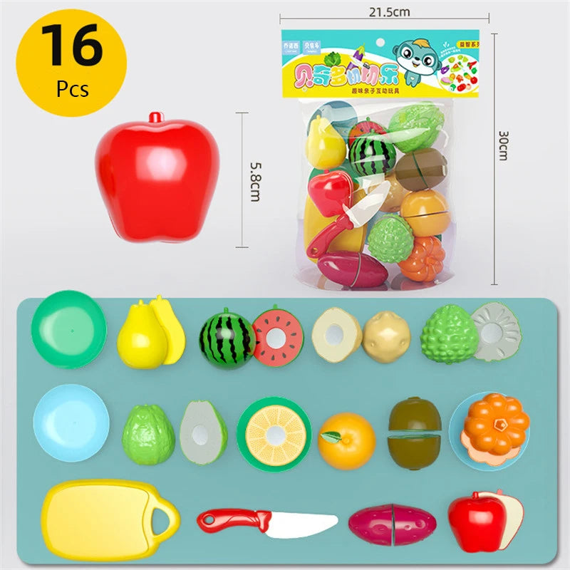 Leksaksset med låtsasfrukter och grönsaker att skära