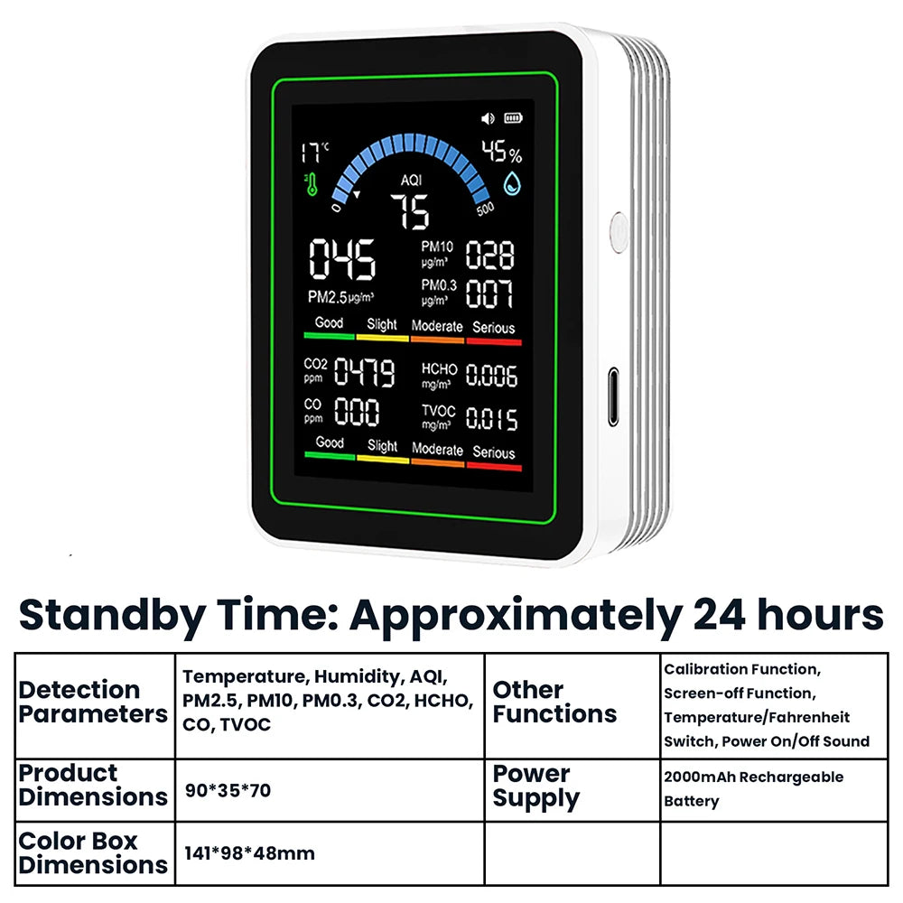 10-in-1 Air Quality Monitor Carbon Dioxide Monitor Formaldehyde Detector Temperature and Humidity Monitor 1PC
