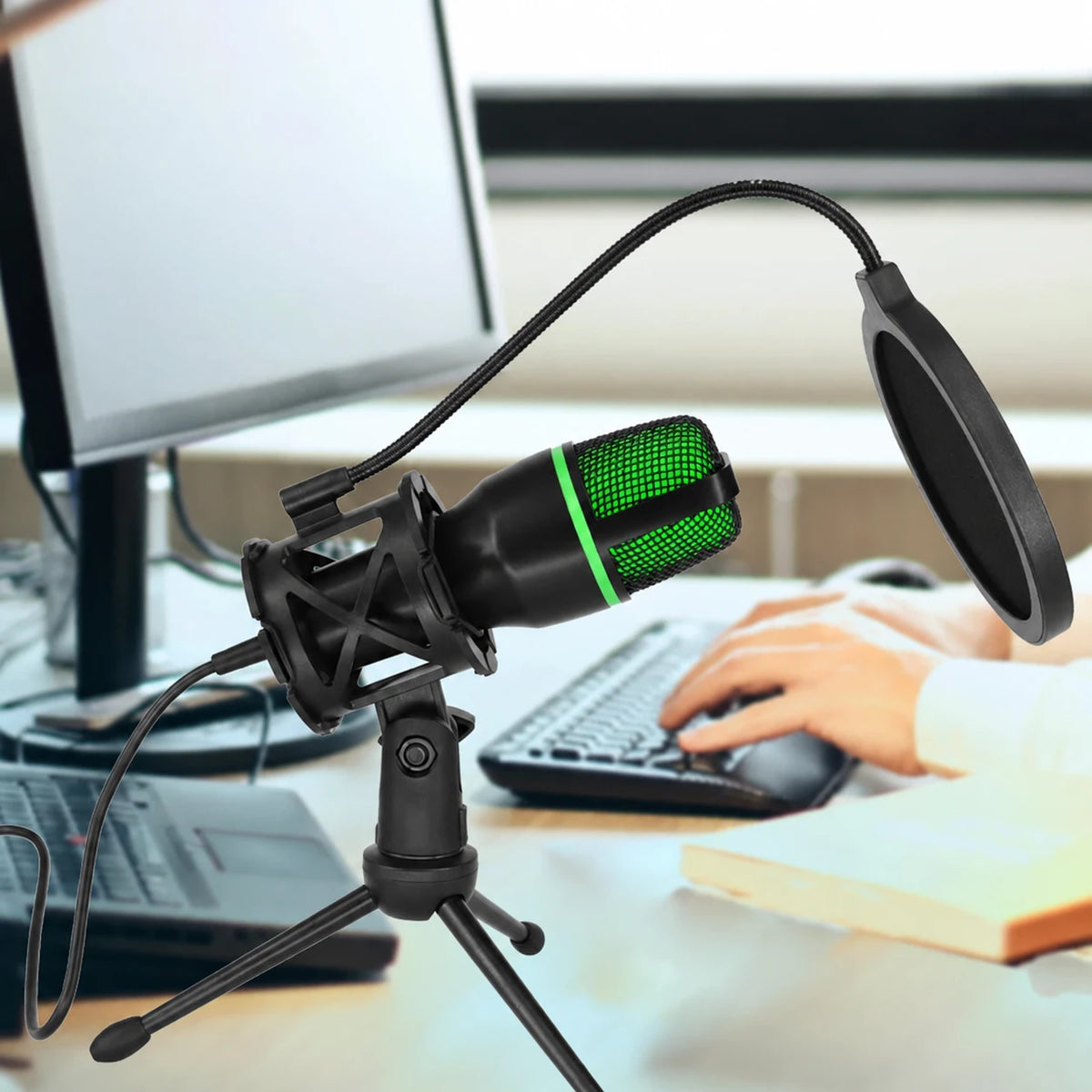 Microfon cu condensator cu fir pentru desktop, cu trepied și filtru anti-puf