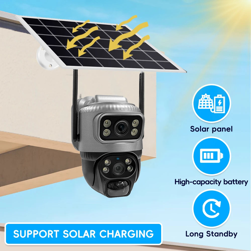 8MP 4K Solar Camera 4G Wifi Outdoor Dual Lens PIR Human Detection Night Vision Waterproof Security Solar Battery CCTV Monitor