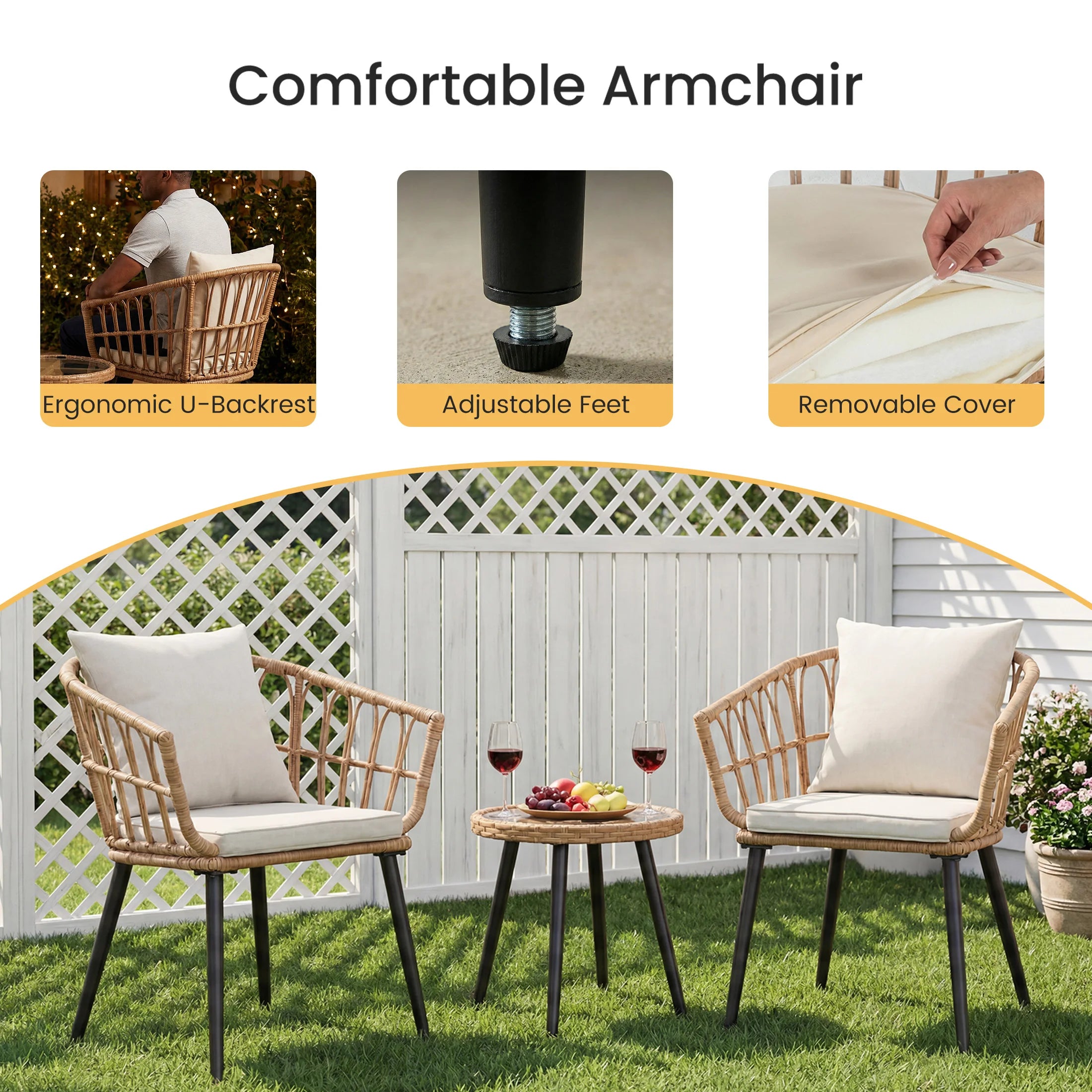 Set da esterno JHK 3 pezzi in vimini con cuscino morbido e tavolo con struttura in acciaio e vetro, sedie da patio intrecciate a mano per giardino e prato