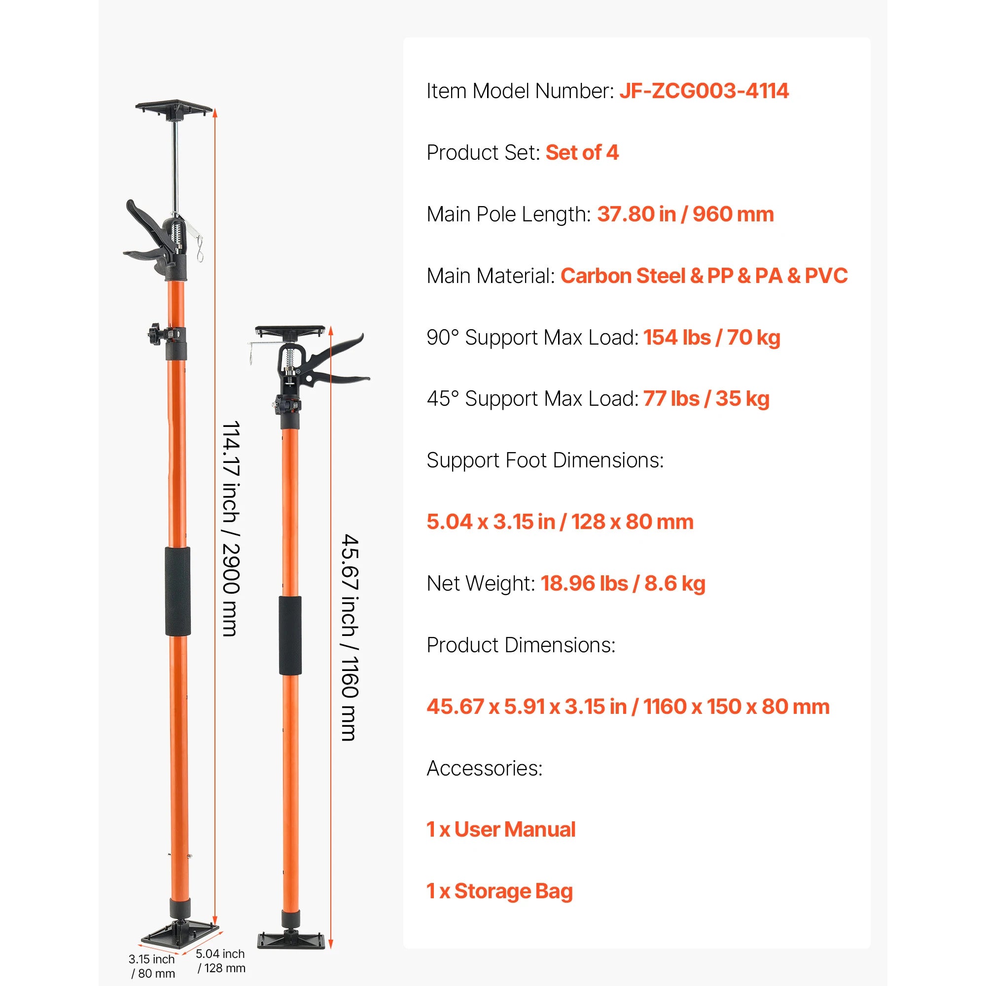 Adjustable Cabinet Jack Support Pole 19–114in Steel Lift Rod