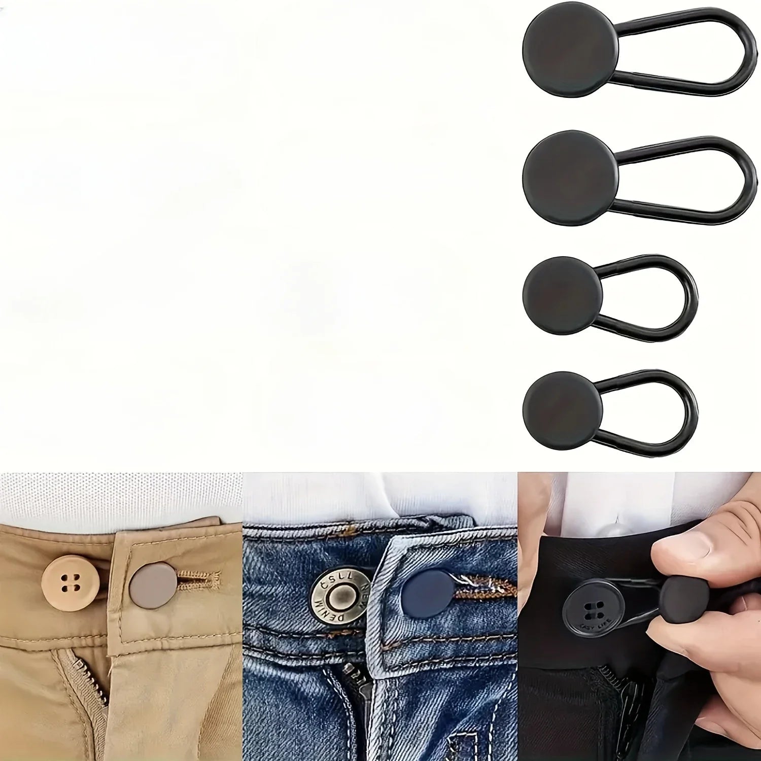 Easy-Adjust 4/12-Pack No-Sew Jean Waist Extenders - Adjustable Pants Button Expanders Adds 1-1.4 Inch Unisex In Khaki/Blue/Black